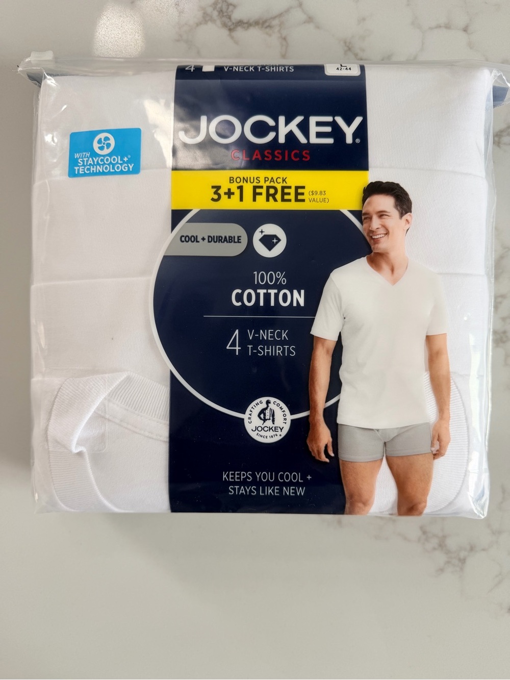 Jockey Men’s White V-Neck Cotton T-Shirts 4-Pack